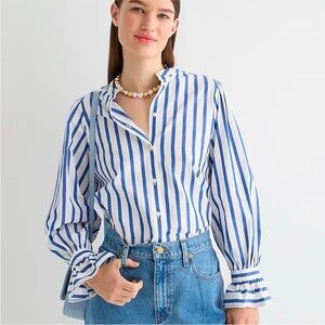J Crew striped ruffle cuff button front shirt banded collar nautical blouse Med
